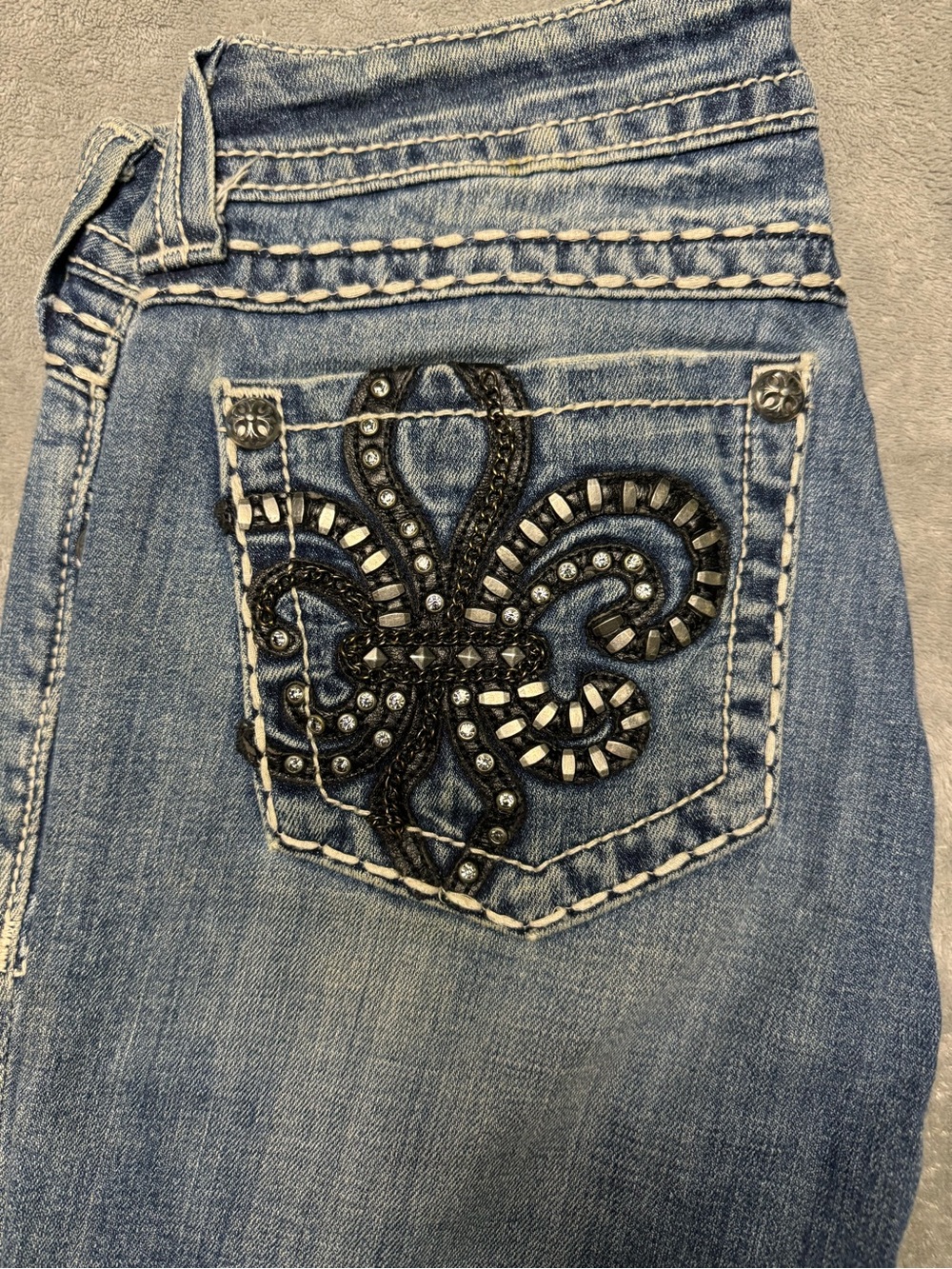 Miss Me Light Blue Jeans with Black Embellished Fleur Pocket